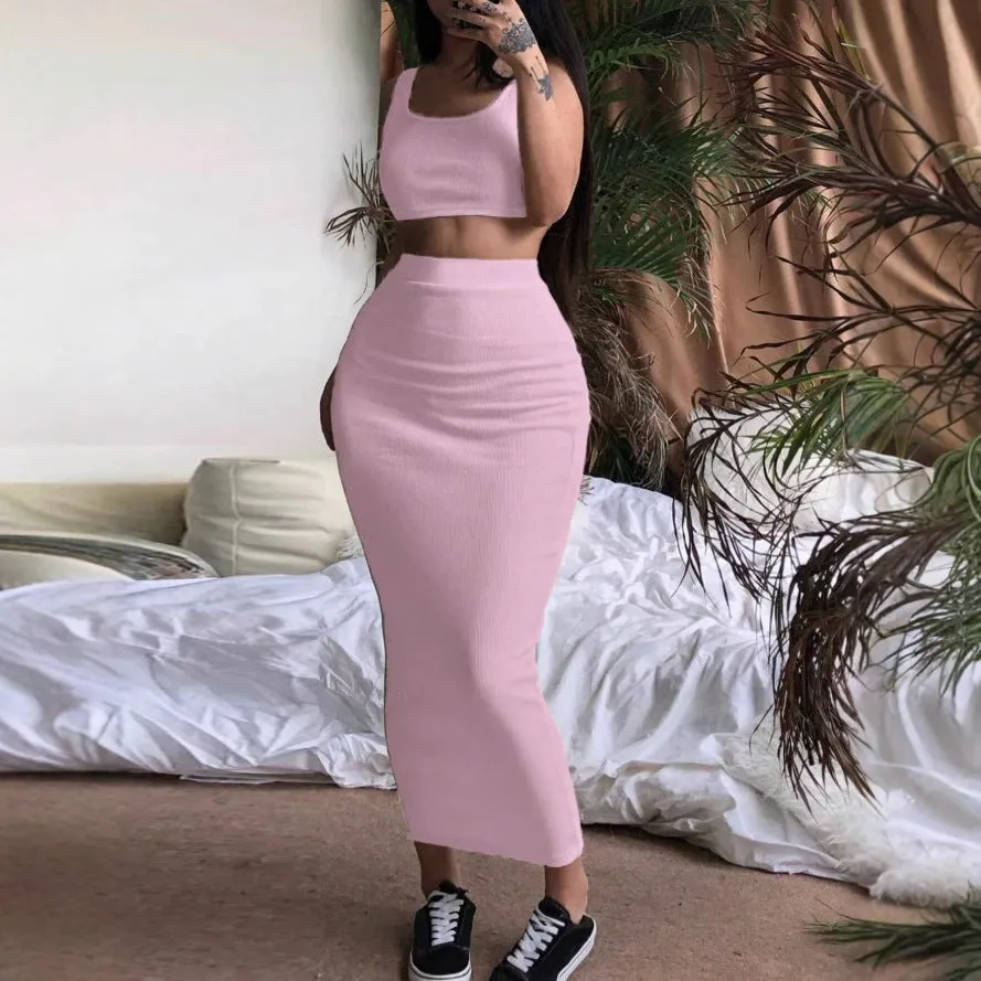 Spring Ribbed Crop Top & Skirt Set – Sleek Sleeveless Two-Piece