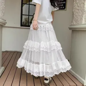 Spring Summer Sweet Mesh Puffy Swing Midi Skirt