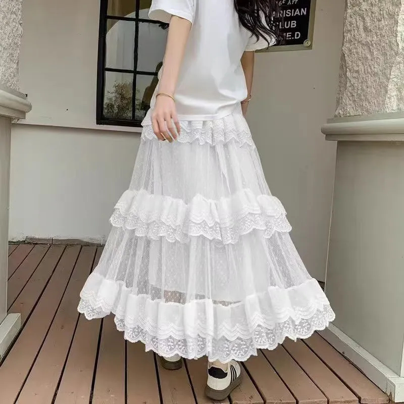 Spring Summer Sweet Mesh Puffy Swing Midi Skirt