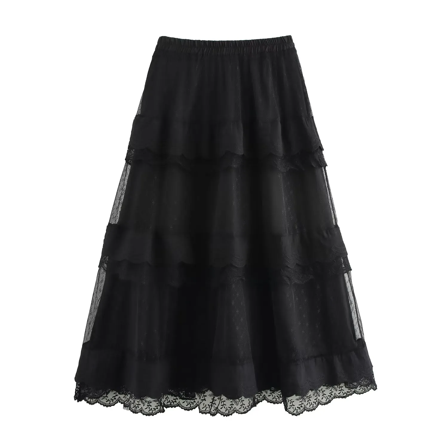 Spring Summer Sweet Mesh Puffy Swing Midi Skirt
