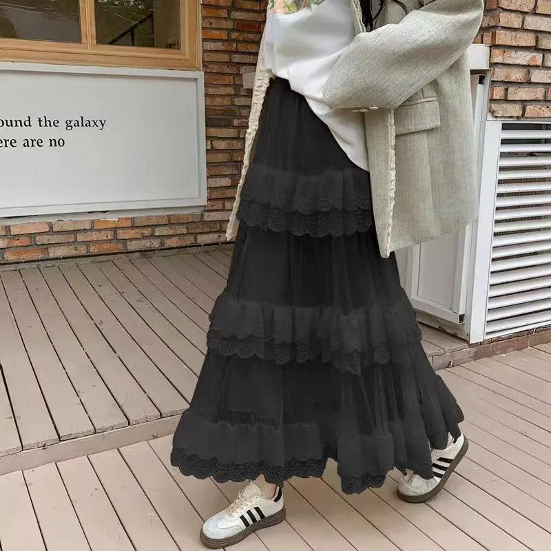 Spring Summer Sweet Mesh Puffy Swing Midi Skirt