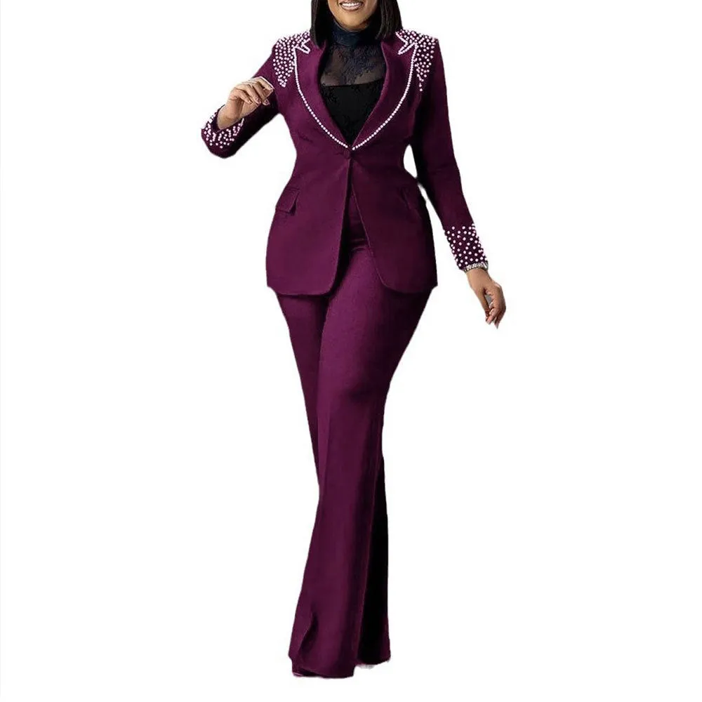 Statement Pearl-Embellished Blazer and Flared Pants Two-Piece Suit