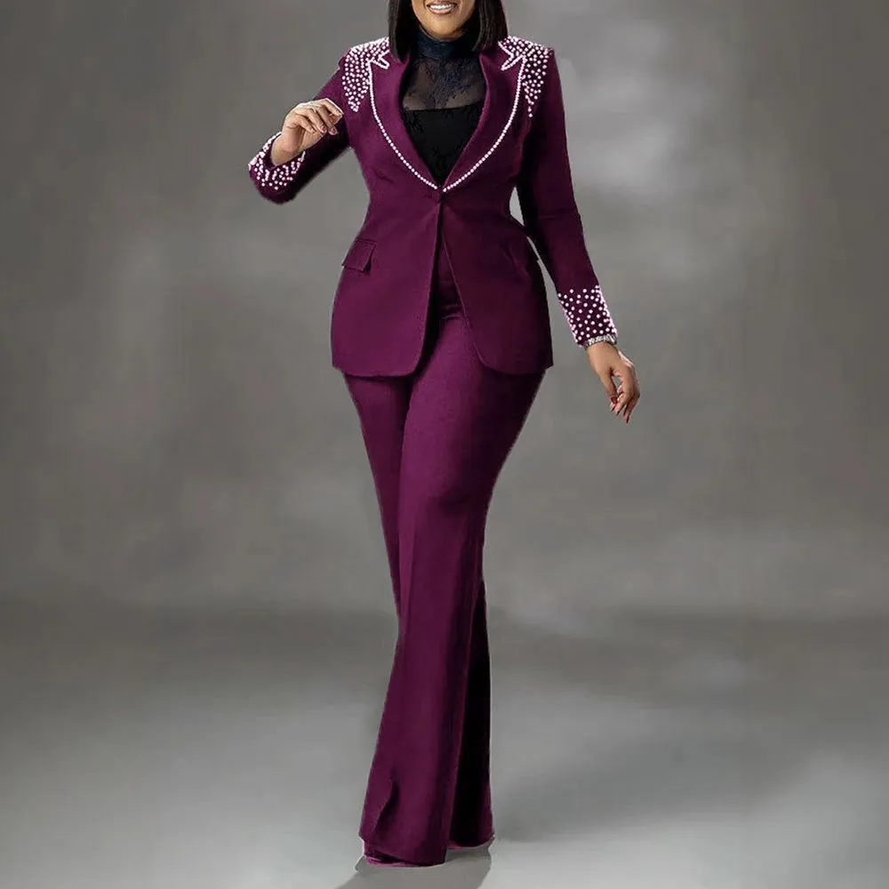 Statement Pearl-Embellished Blazer and Flared Pants Two-Piece Suit