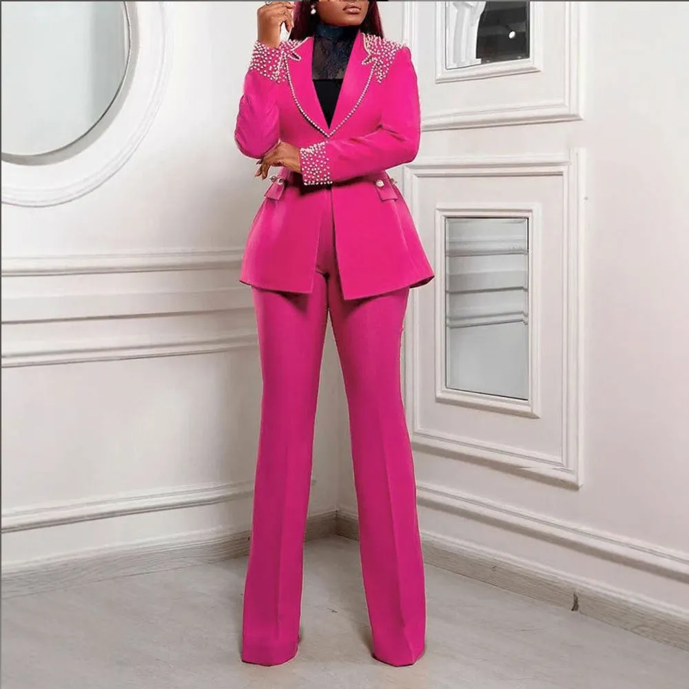 Statement Pearl-Embellished Blazer and Flared Pants Two-Piece Suit