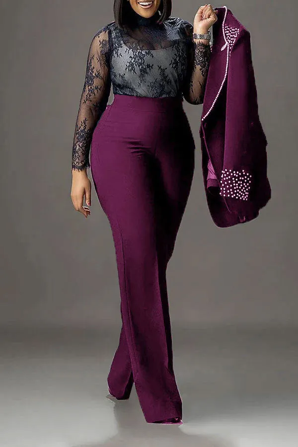 Statement Pearl-Embellished Blazer and Flared Pants Two-Piece Suit