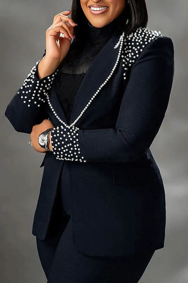 Statement Pearl-Embellished Blazer and Flared Pants Two-Piece Suit