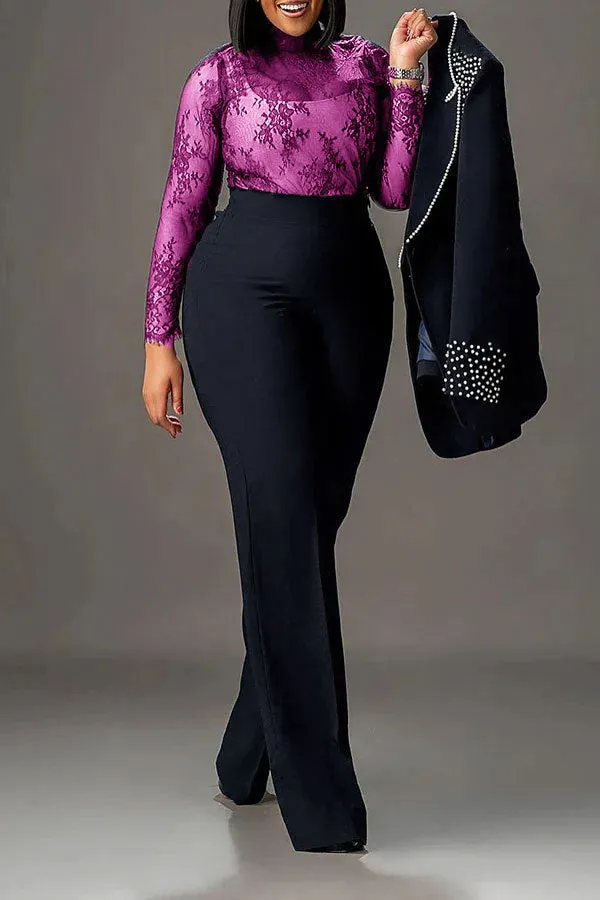 Statement Pearl-Embellished Blazer and Flared Pants Two-Piece Suit