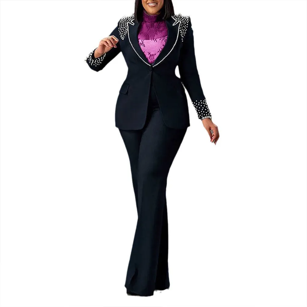 Statement Pearl-Embellished Blazer and Flared Pants Two-Piece Suit