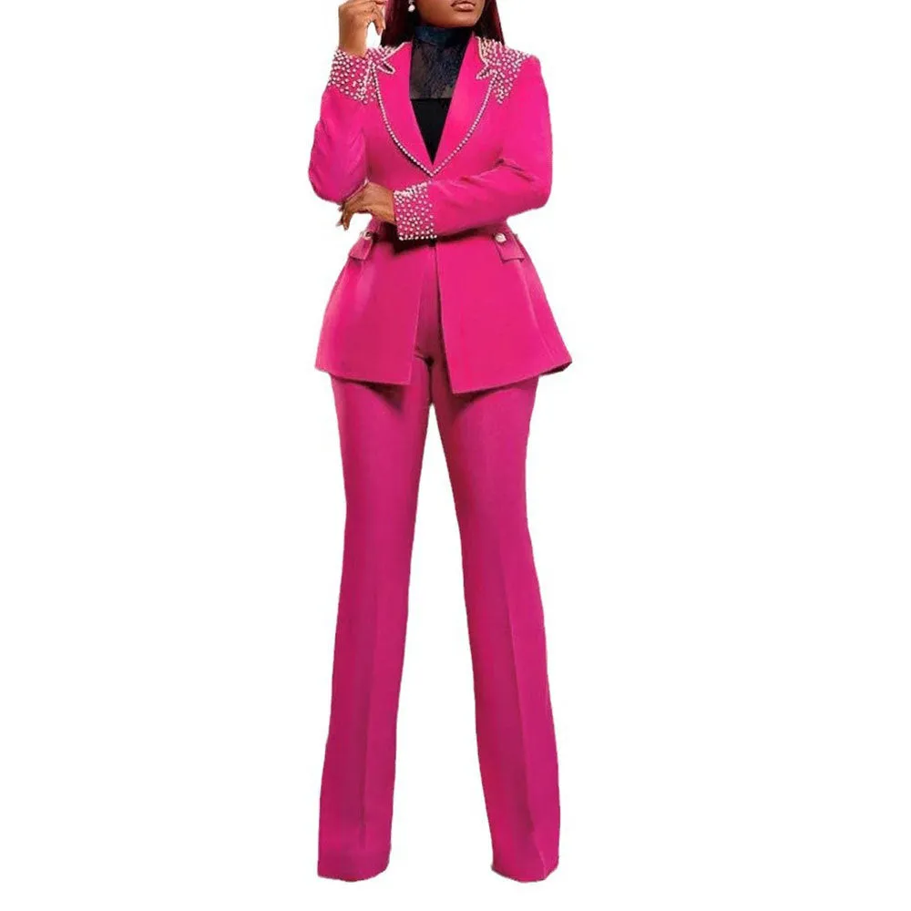 Statement Pearl-Embellished Blazer and Flared Pants Two-Piece Suit