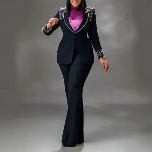 Statement Pearl-Embellished Blazer and Flared Pants Two-Piece Suit
