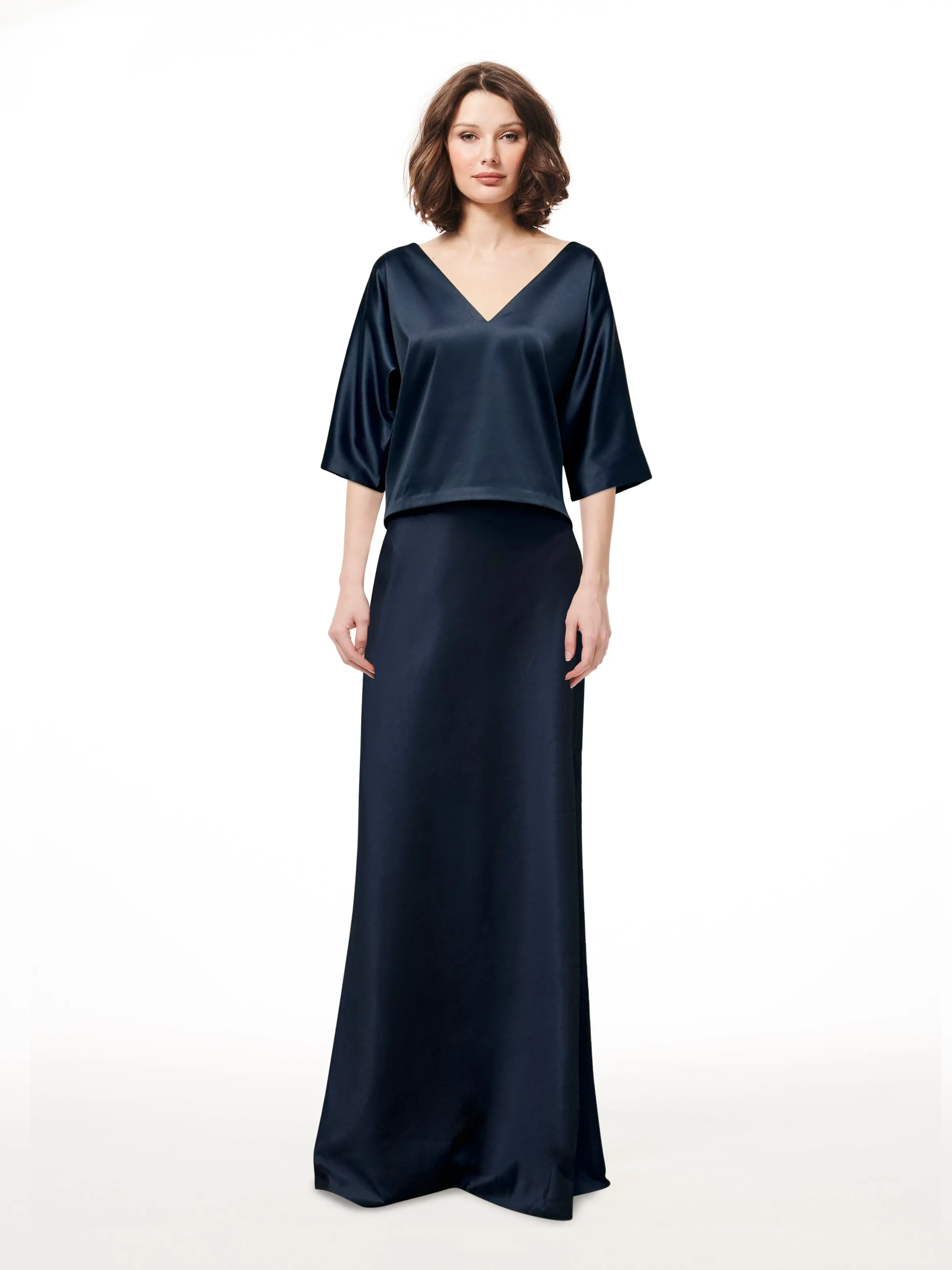 STRETCH SATIN BIAS LONG A-LINE SKIRT NAVY
