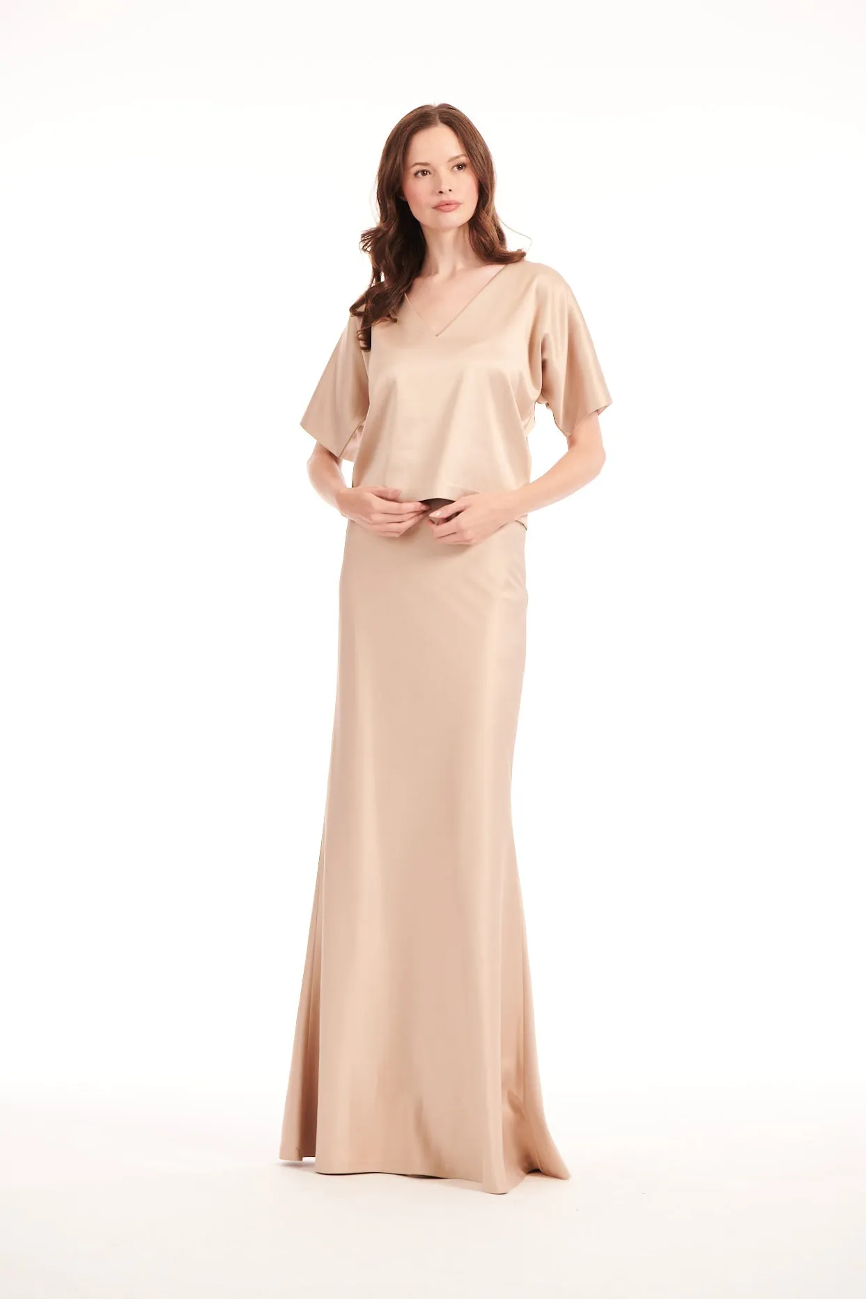 STRETCH SATIN BIAS LONG A-LINE SKIRT NAVY