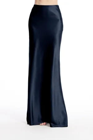 STRETCH SATIN BIAS LONG A-LINE SKIRT NAVY