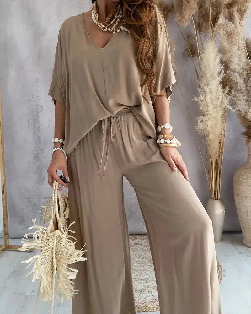 Summer V-Neck Bat Sleeve 2-Piece Set