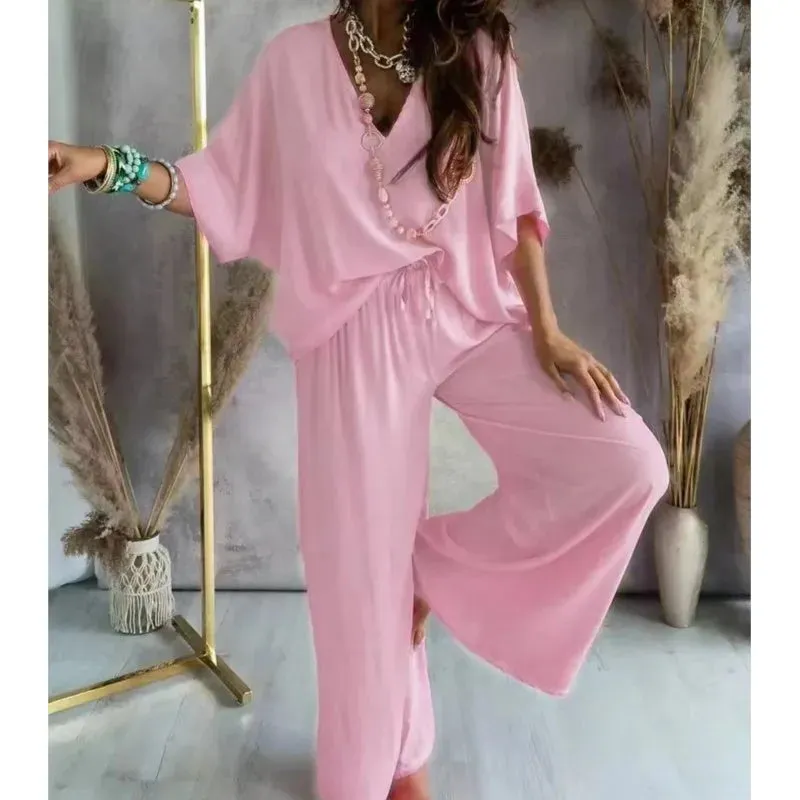 Summer V-Neck Bat Sleeve 2-Piece Set