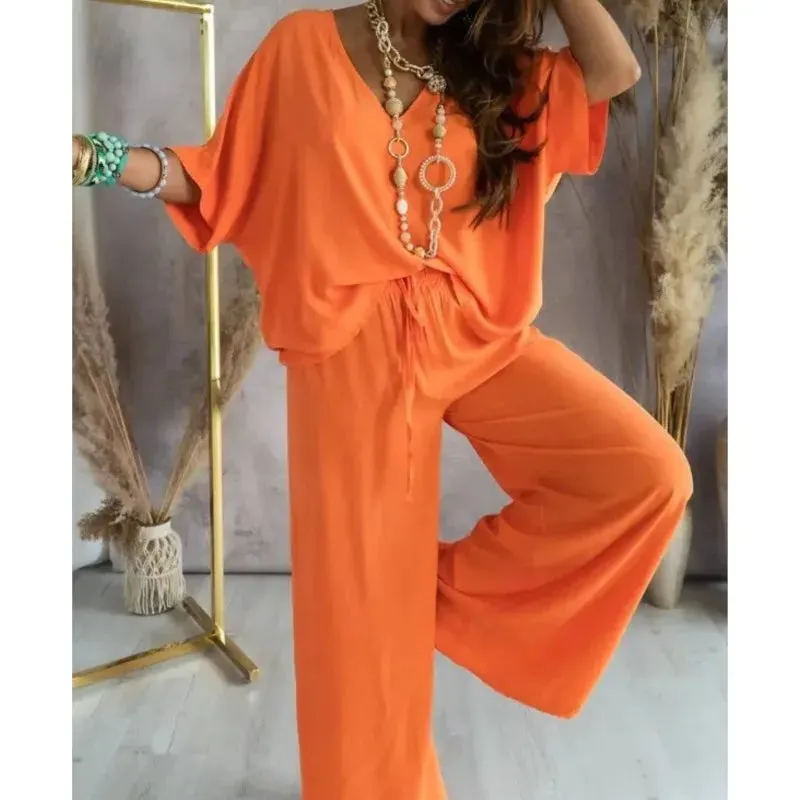 Summer V-Neck Bat Sleeve 2-Piece Set