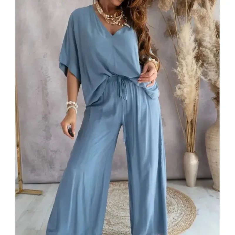 Summer V-Neck Bat Sleeve 2-Piece Set