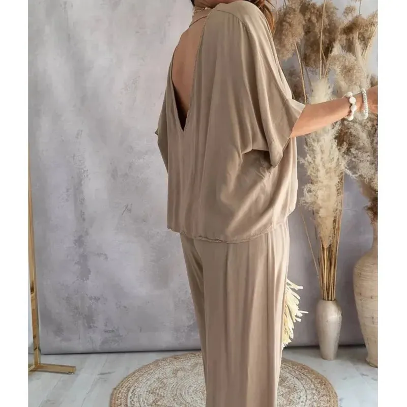 Summer V-Neck Bat Sleeve 2-Piece Set