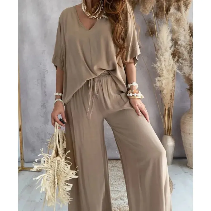 Summer V-Neck Bat Sleeve 2-Piece Set