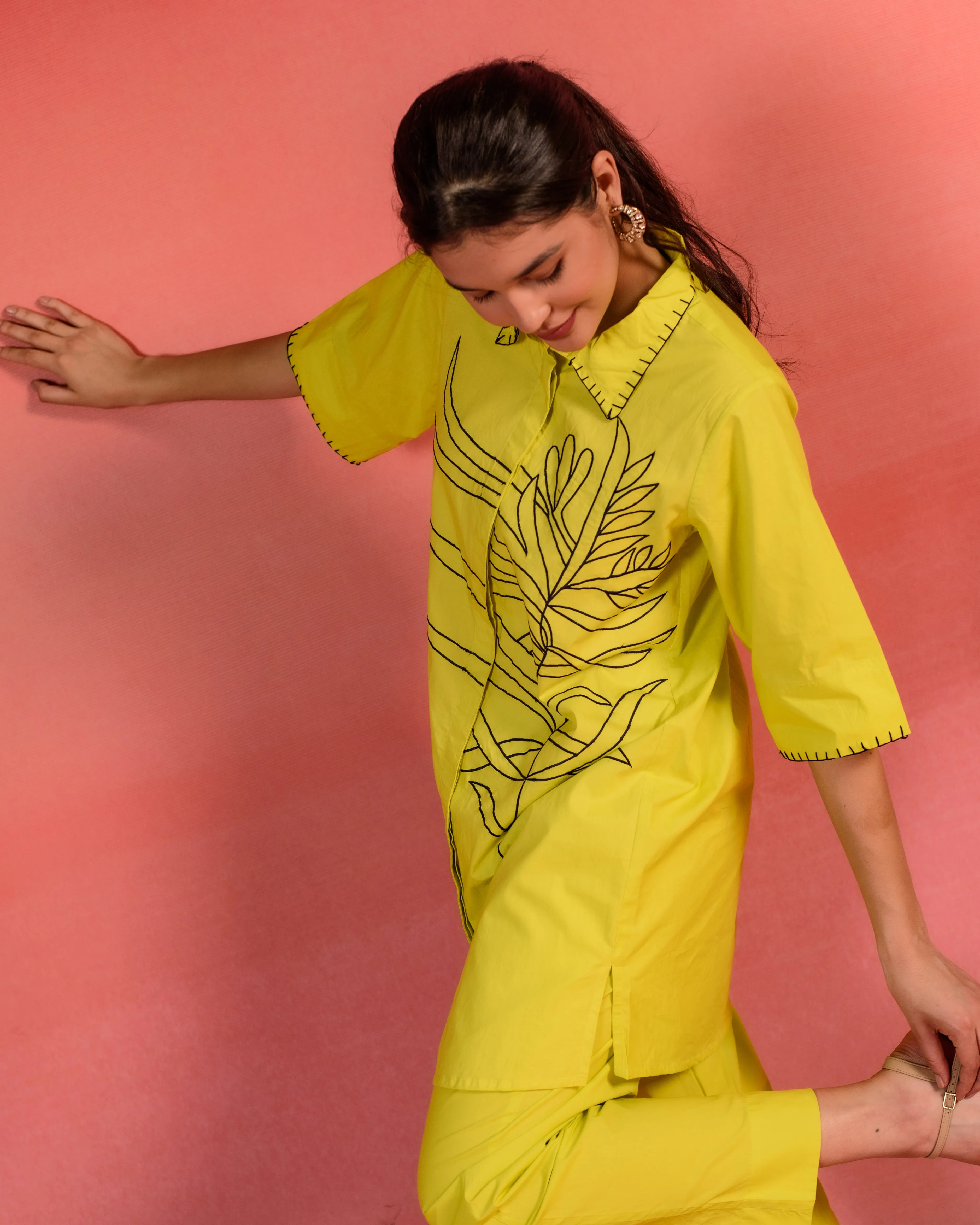 Sunlit Floral  Embroidered Lemon Yellow Poplin Co-ord Set