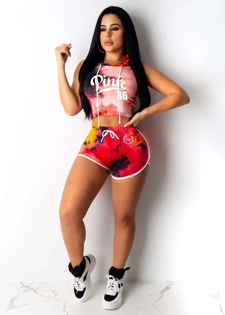 Tie Dye Two Piece Set Women Tracksuit Hooded Crop Top Biker Shorts Set