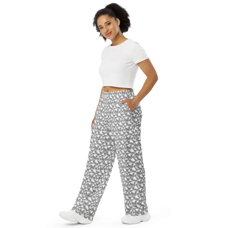 Trendy Wide Leg Pants Grey White Abstract Pattern