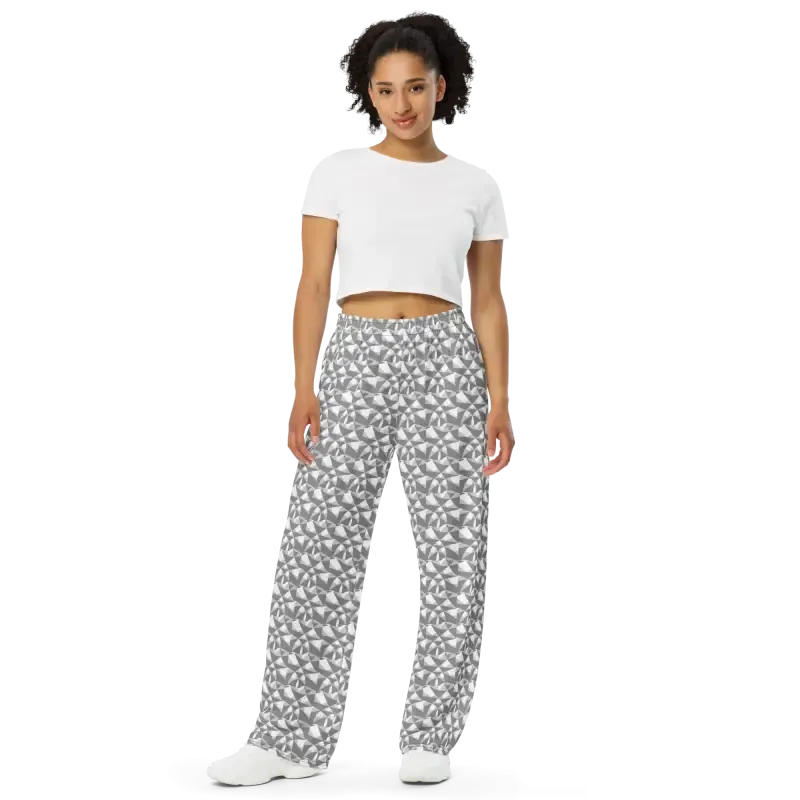 Trendy Wide Leg Pants Grey White Abstract Pattern