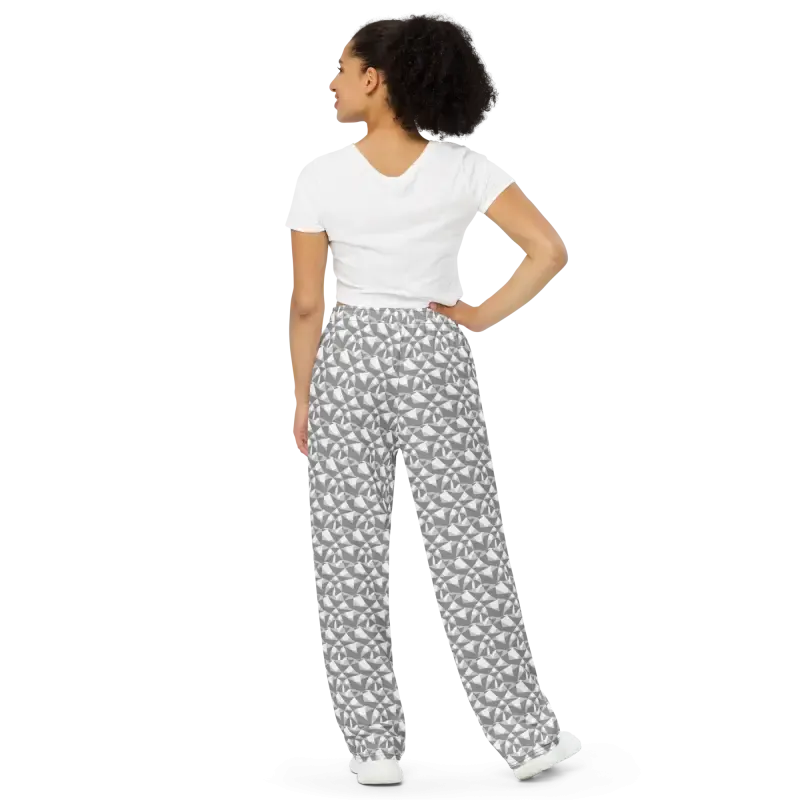 Trendy Wide Leg Pants Grey White Abstract Pattern