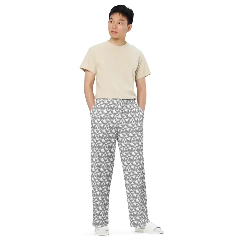 Trendy Wide Leg Pants Grey White Abstract Pattern