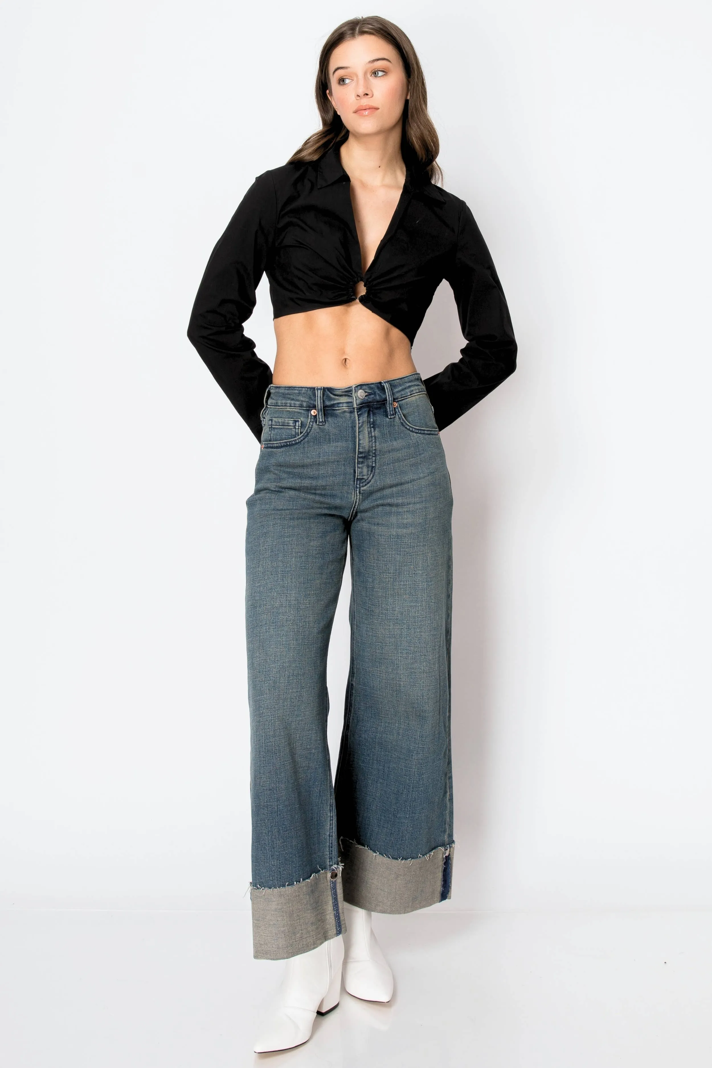 Tummy Control High Rise Cuffed Wide Leg Jean