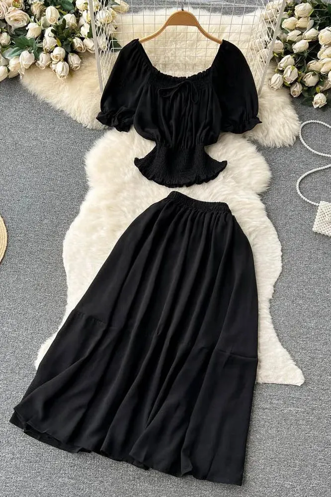 Two Piece Skirts Sets Chic Elastic Waist Crop Tops   A-line Long Skirts Solid Suits