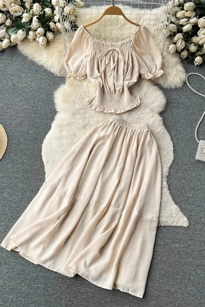 Two Piece Skirts Sets Chic Elastic Waist Crop Tops   A-line Long Skirts Solid Suits