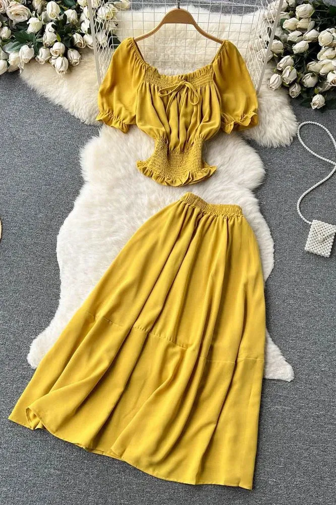 Two Piece Skirts Sets Chic Elastic Waist Crop Tops   A-line Long Skirts Solid Suits