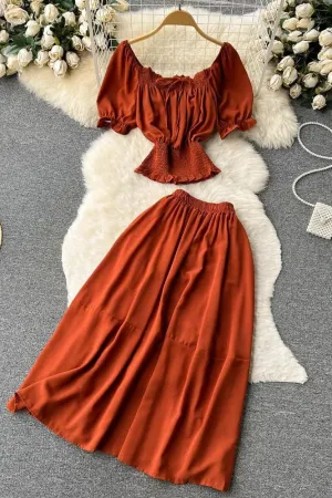 Two Piece Skirts Sets Chic Elastic Waist Crop Tops   A-line Long Skirts Solid Suits
