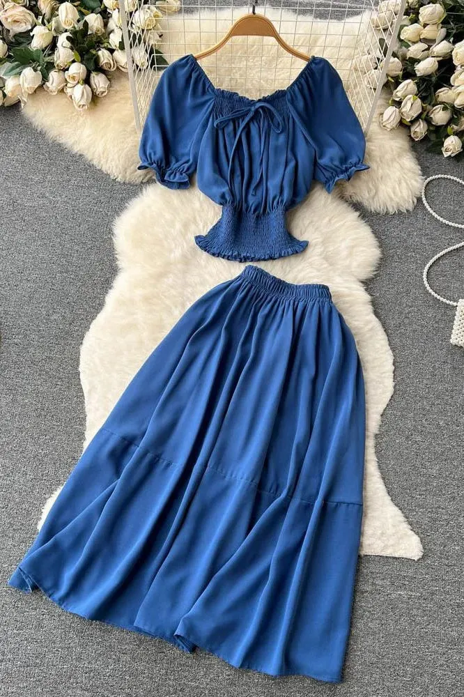 Two Piece Skirts Sets Chic Elastic Waist Crop Tops   A-line Long Skirts Solid Suits