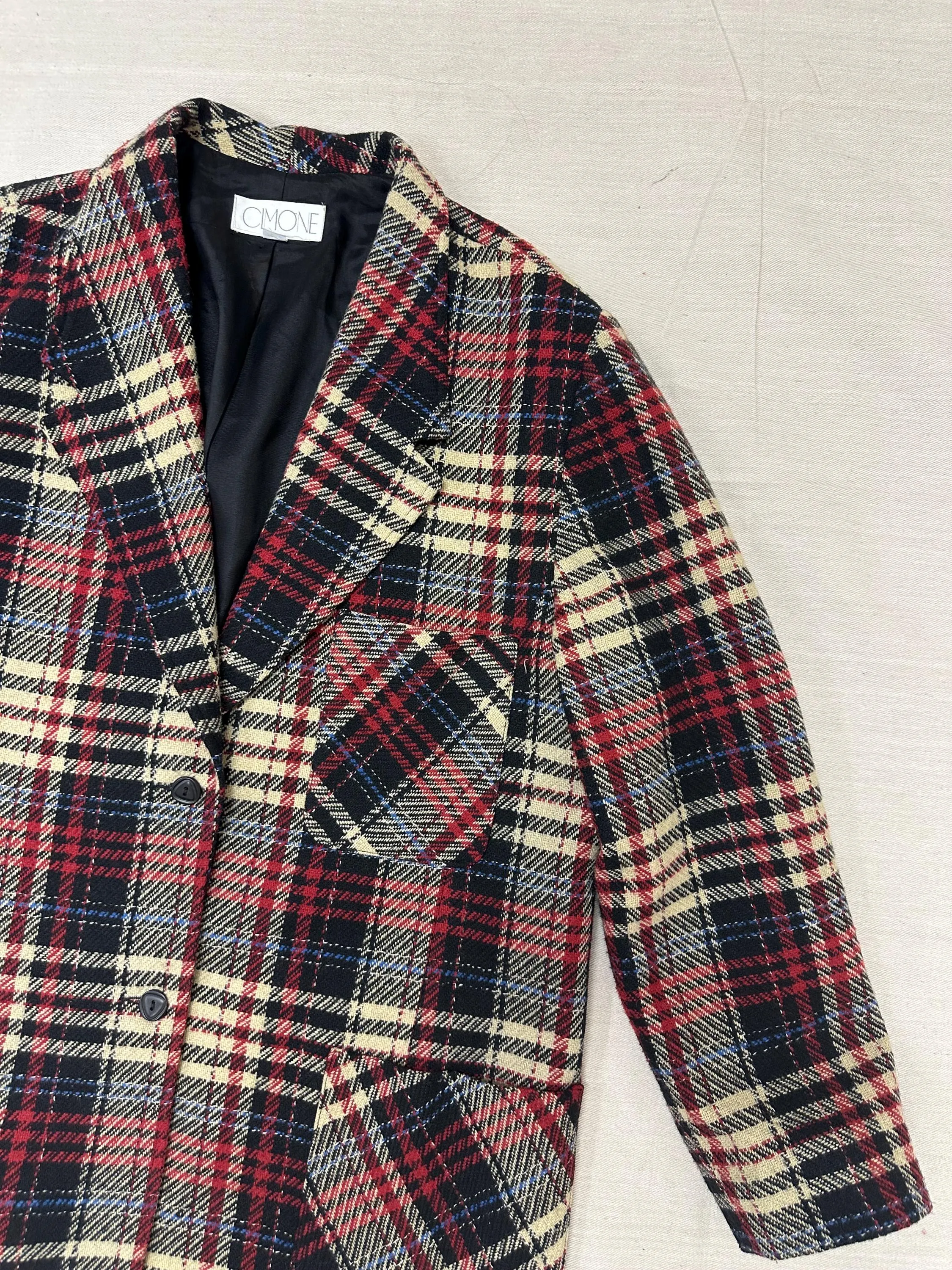 Vintage 90s Red Cream Plaid Blazer | Size Ladies Large