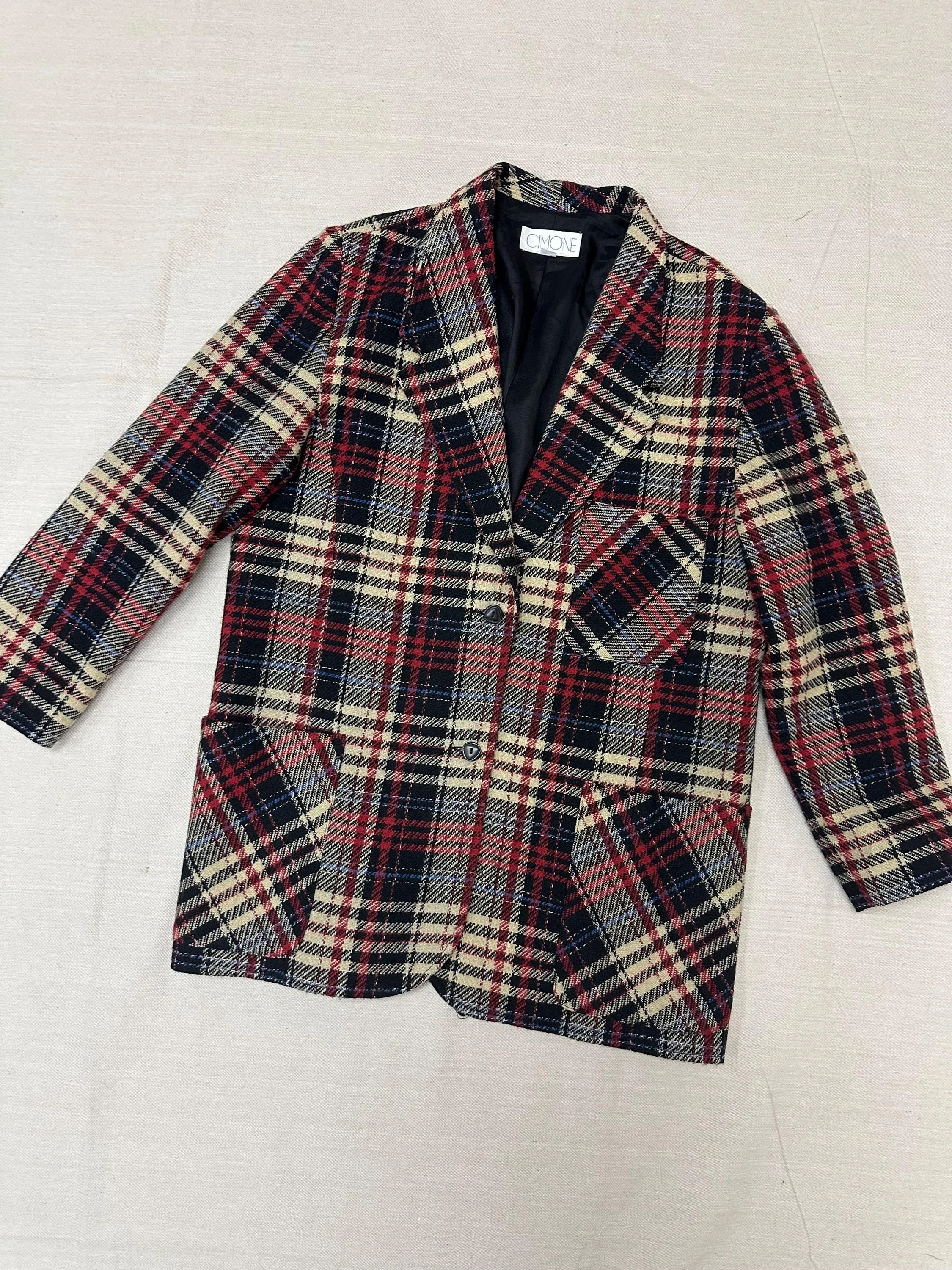 Vintage 90s Red Cream Plaid Blazer | Size Ladies Large