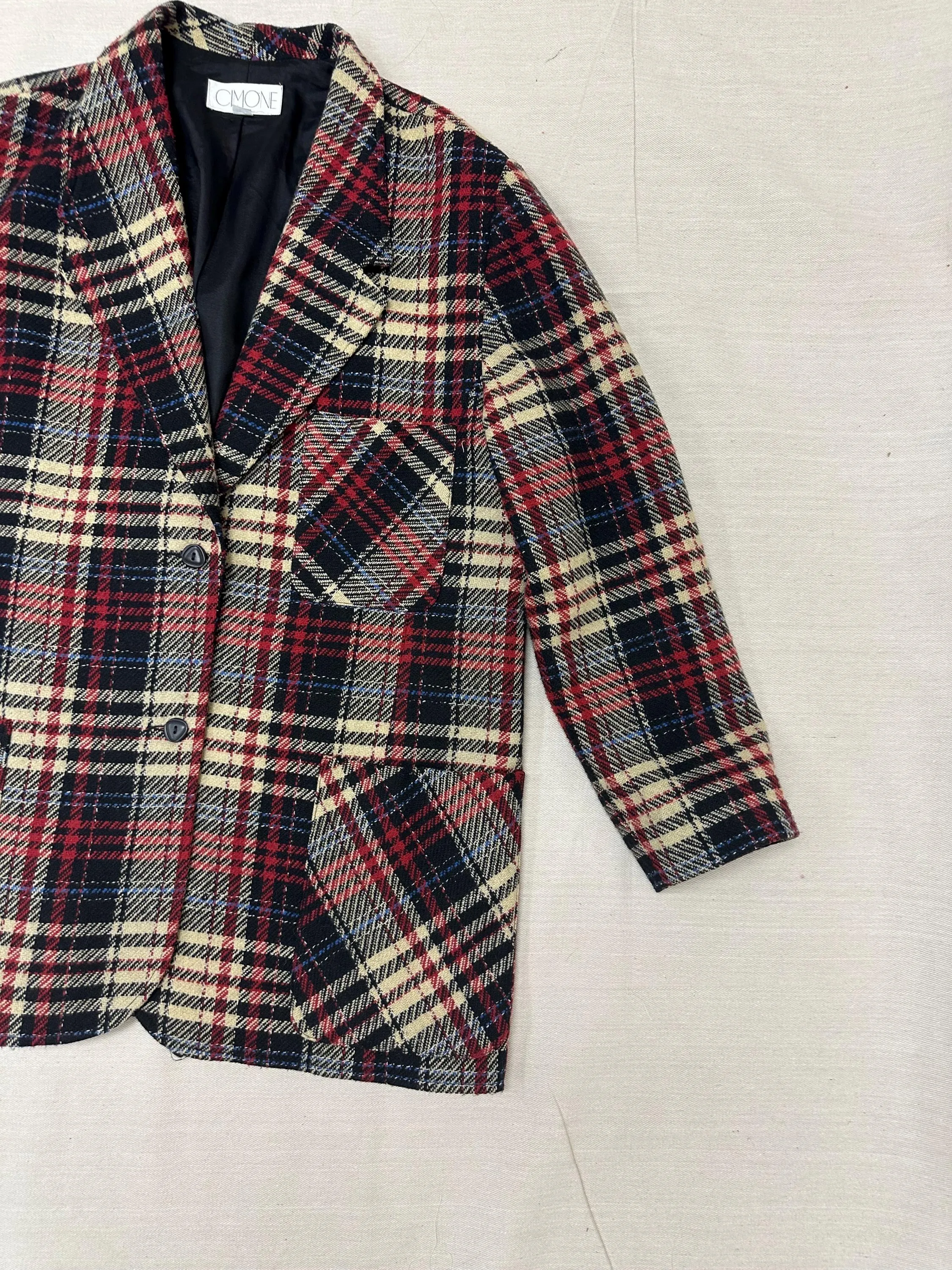 Vintage 90s Red Cream Plaid Blazer | Size Ladies Large
