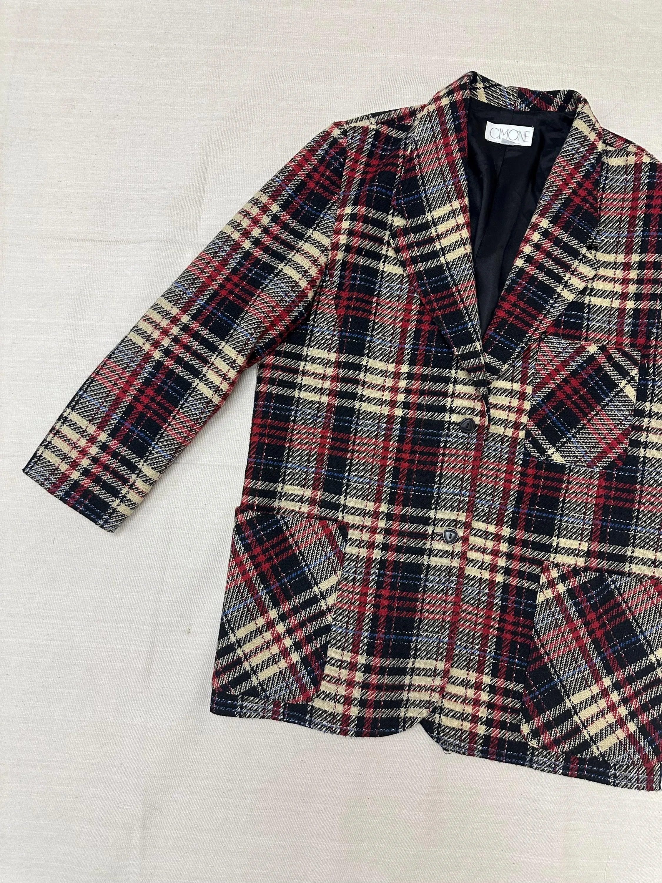 Vintage 90s Red Cream Plaid Blazer | Size Ladies Large