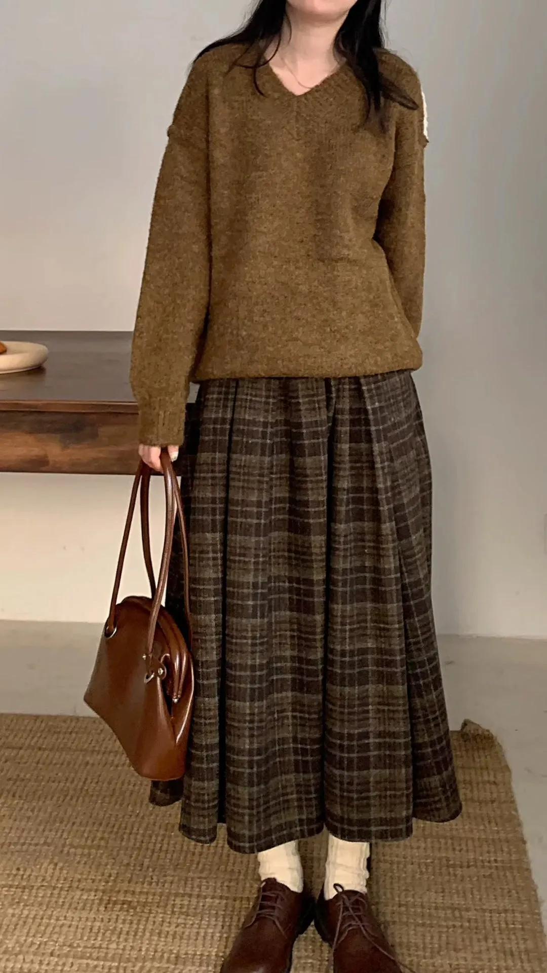 Vintage A-Line Woolen Thick Long Plaid Skirts