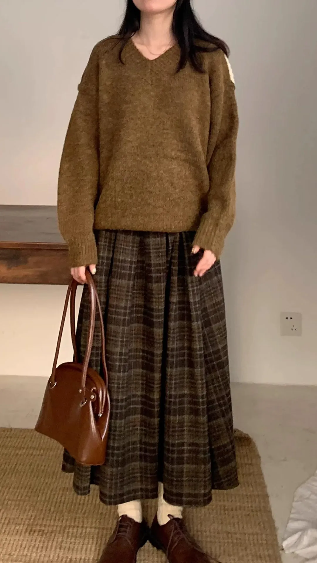 Vintage A-Line Woolen Thick Long Plaid Skirts