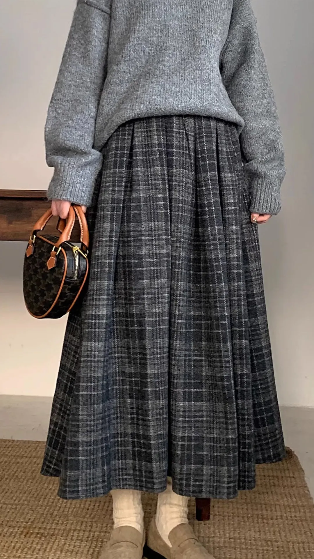 Vintage A-Line Woolen Thick Long Plaid Skirts