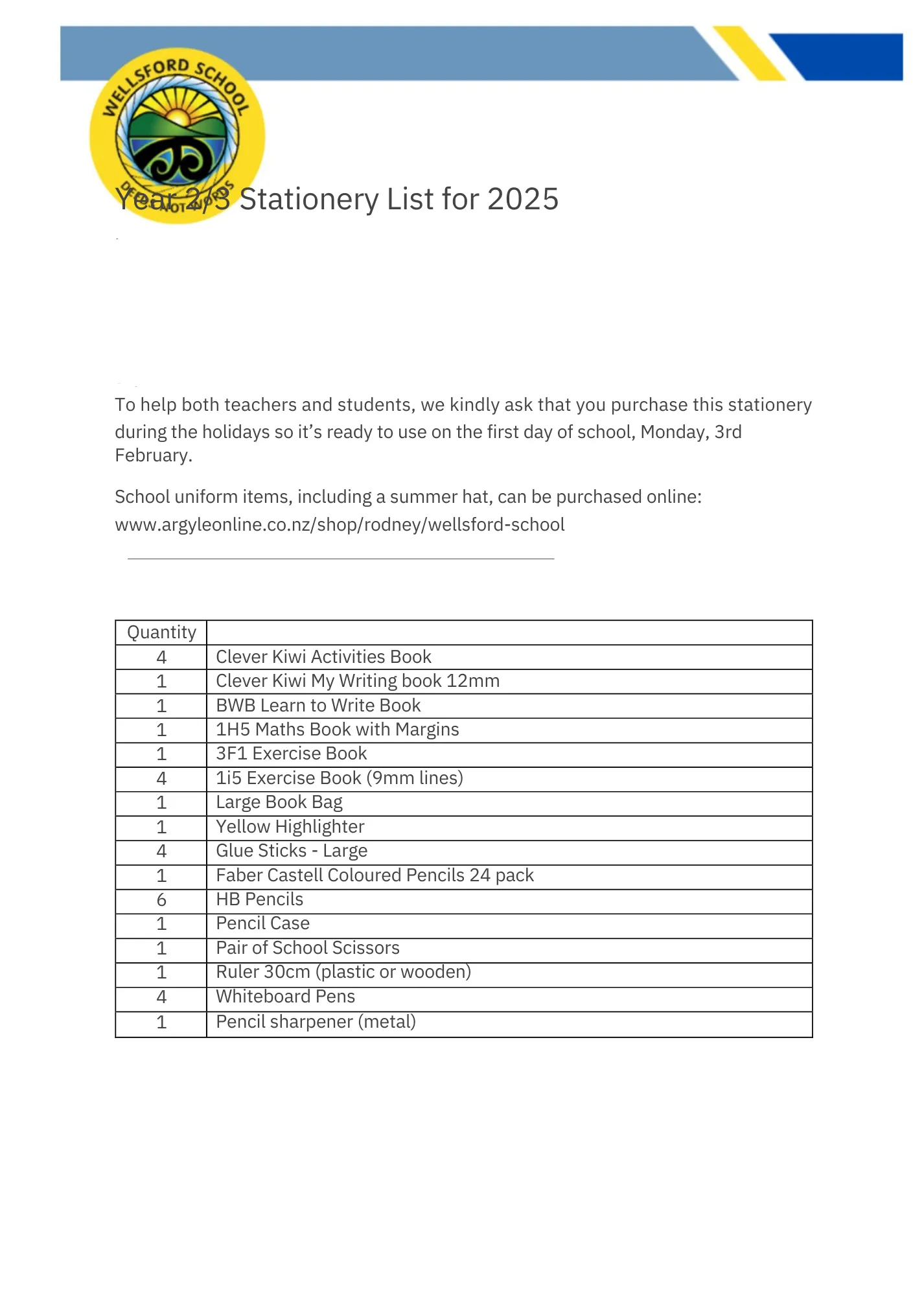 Wellsford School Stationery Pack 2025 Year 2 & 3