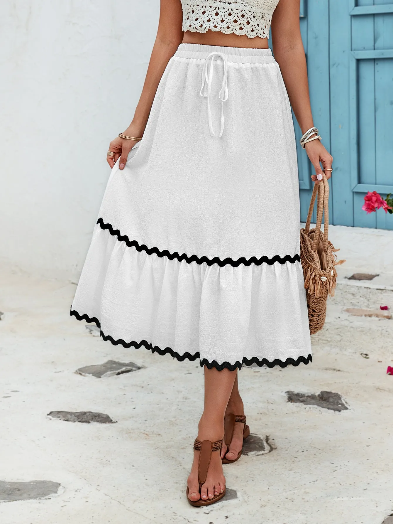 White A Line Midi Skirt With Lace Detail