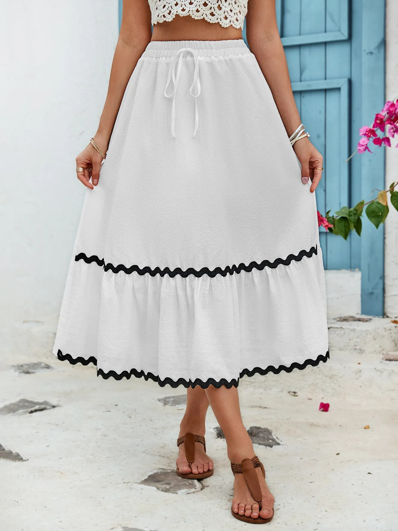 White A Line Midi Skirt With Lace Detail