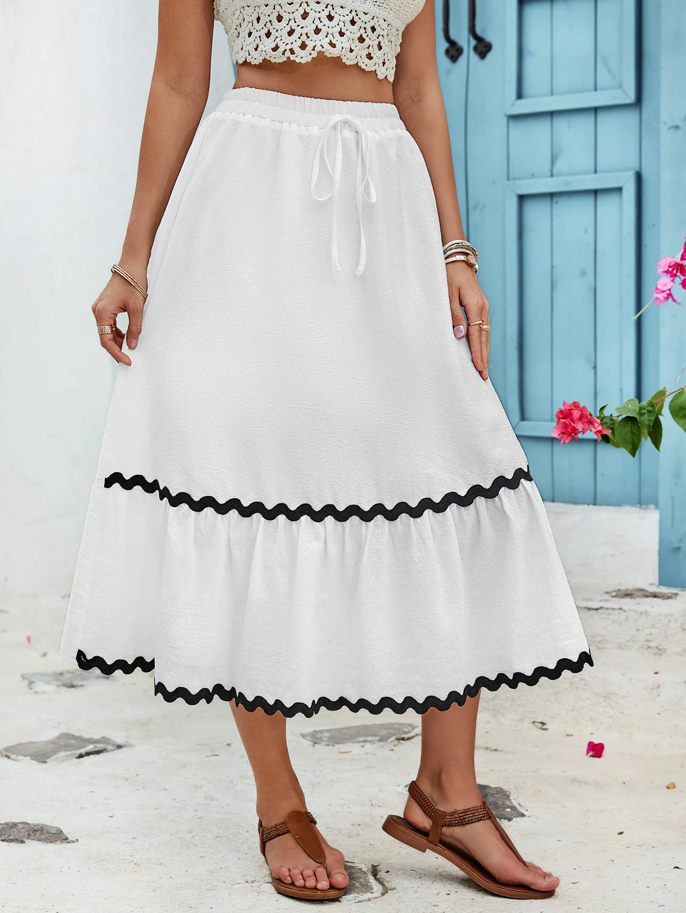 White A Line Midi Skirt With Lace Detail