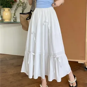 White Flared Skirt With Bow