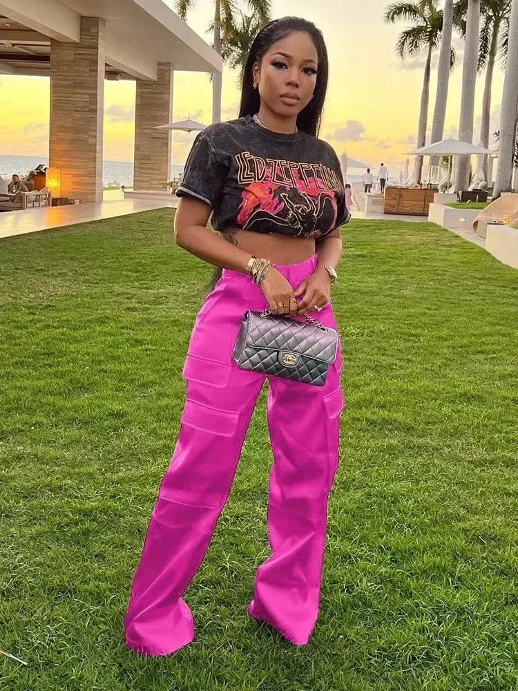 Wide Leg Satin Cargo Pants