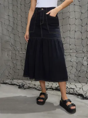 Women Black Denim Flared Midi Skirt