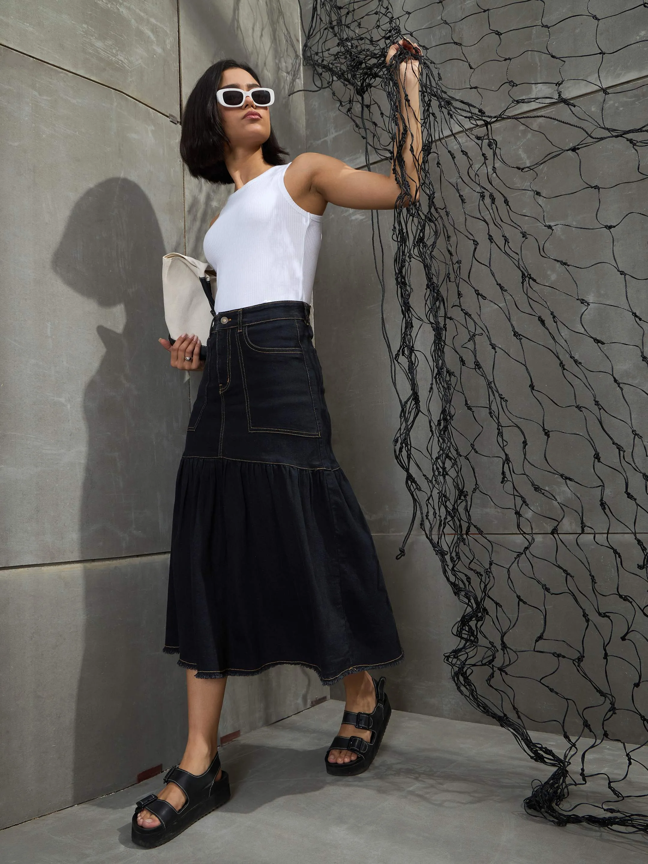 Women Black Denim Flared Midi Skirt